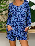 Retro Casual Loose Round Neck Long Sleeve Shirt Shorts Leopard Suit
