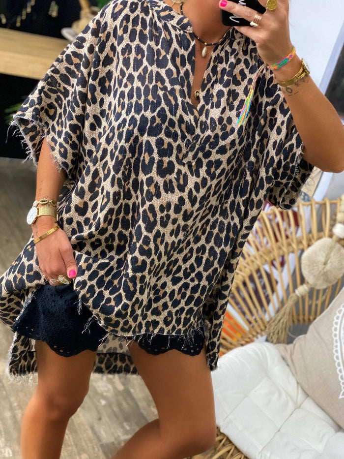 Retro Casual Loose V-Neck Leopard Print Top
