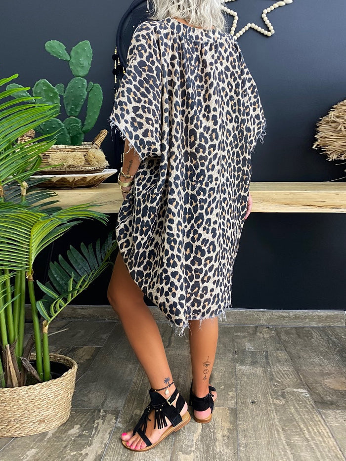 Retro Casual Loose V-Neck Leopard Print Top
