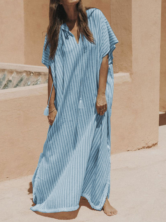 Retro Casual Loose V Neck Maxi Dress