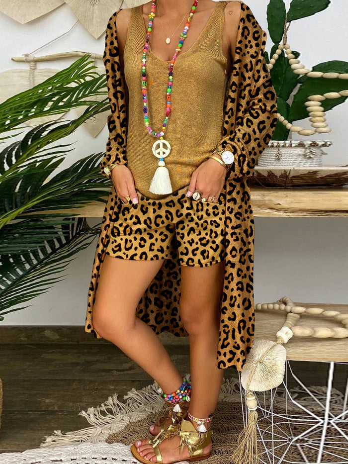 Retro Casual Loose Vest Tops Shorts Coat Leopard Three Piece Set