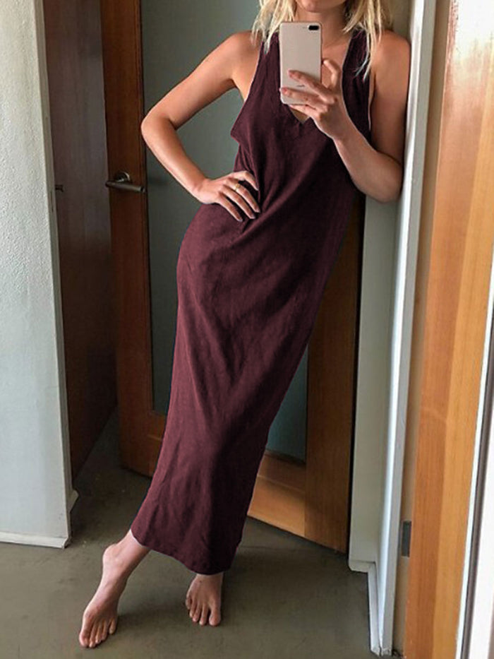 Retro Casual Solid Color V-neck Sleeveless Dress
