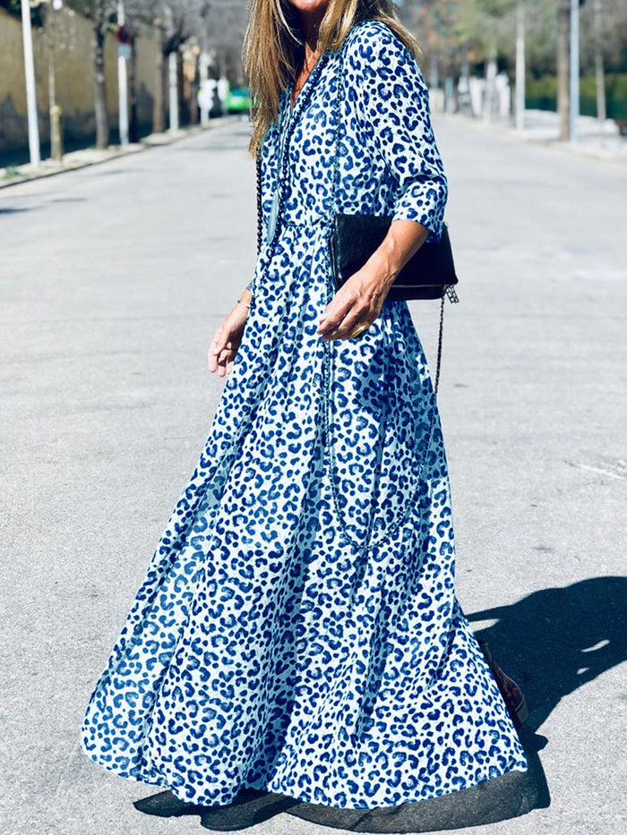 Retro Elegant V Neck Leopard Print Maxi Dress