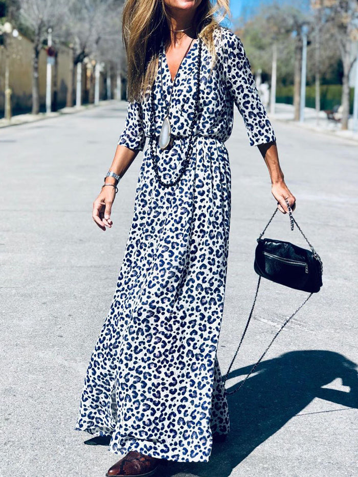 Retro Elegant V Neck Leopard Print Maxi Dress