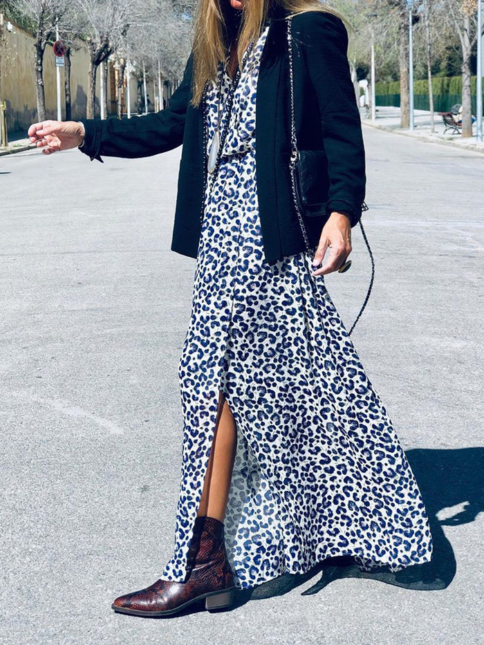 Retro Elegant V Neck Leopard Print Maxi Dress