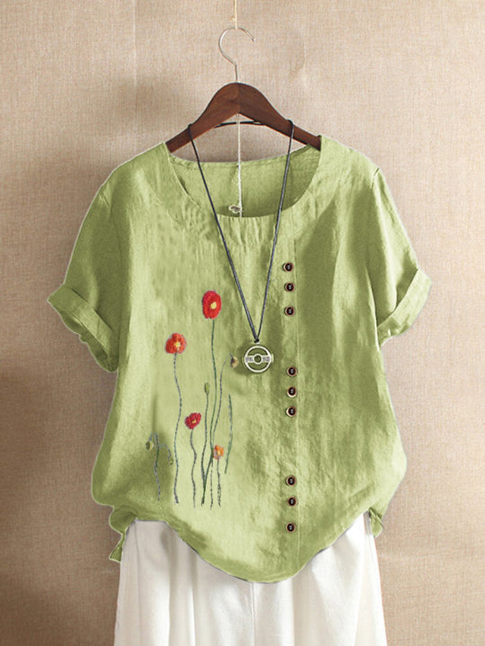 Retro Flower Print Loose Casual Shirt