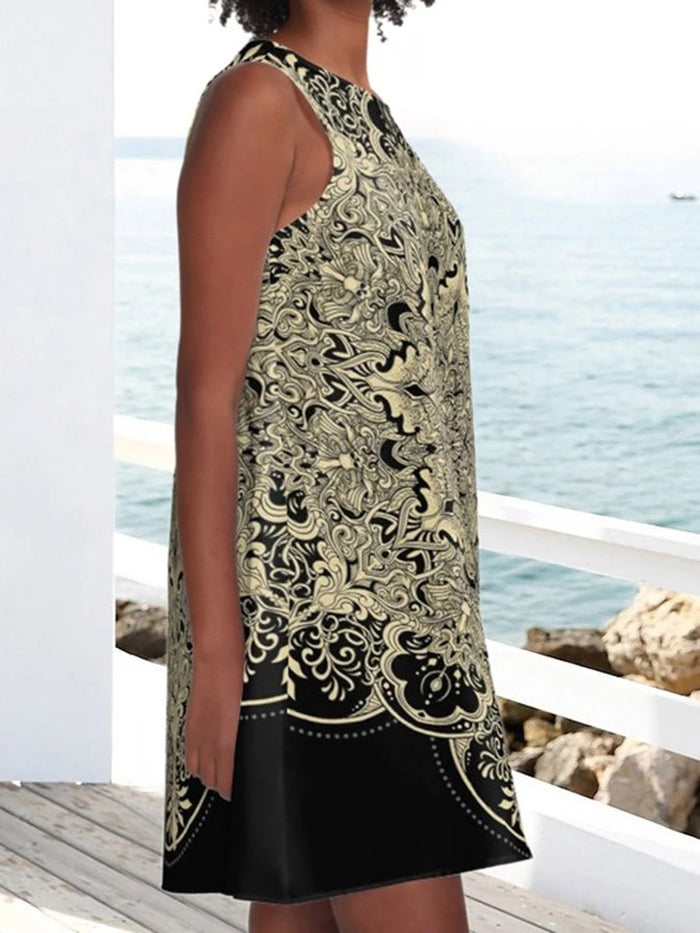Retro Pockets Crew Neck Tribal Sleeveless Dresses