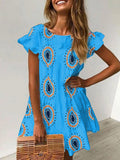 Round Neck Bohemian Print Ruffled Dress