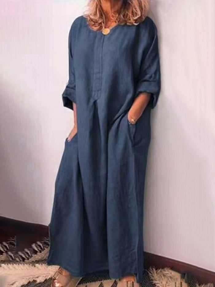 Round Neck Long Sleeve Long Casual Dress