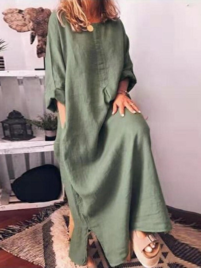 Round Neck Long Sleeve Long Casual Dress