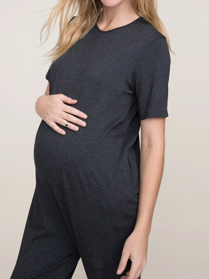 Round Neck Short Sleeve Solid Maternity Jumpsuit
