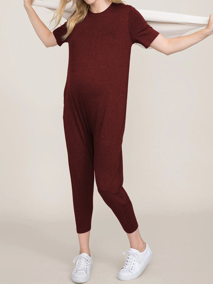 Round Neck Short Sleeve Solid Maternity Jumpsuit