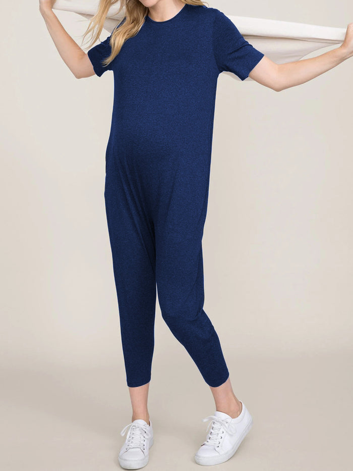 Round Neck Short Sleeve Solid Maternity Jumpsuit