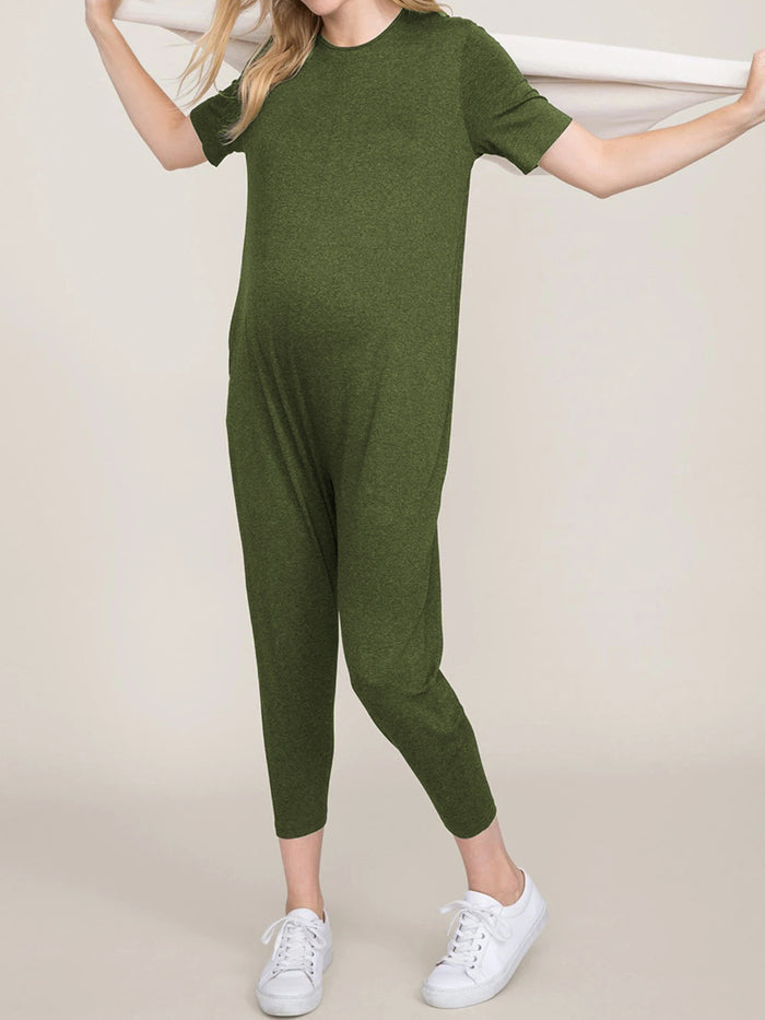 Round Neck Short Sleeve Solid Maternity Jumpsuit