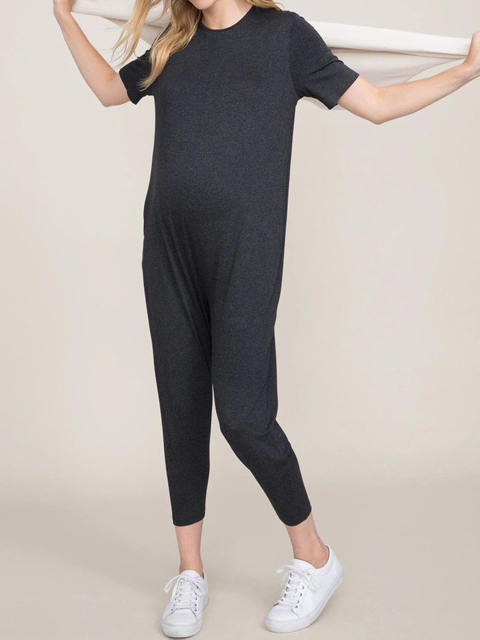Round Neck Short Sleeve Solid Maternity Jumpsuit