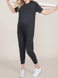 Round Neck Short Sleeve Solid Maternity Jumpsuit