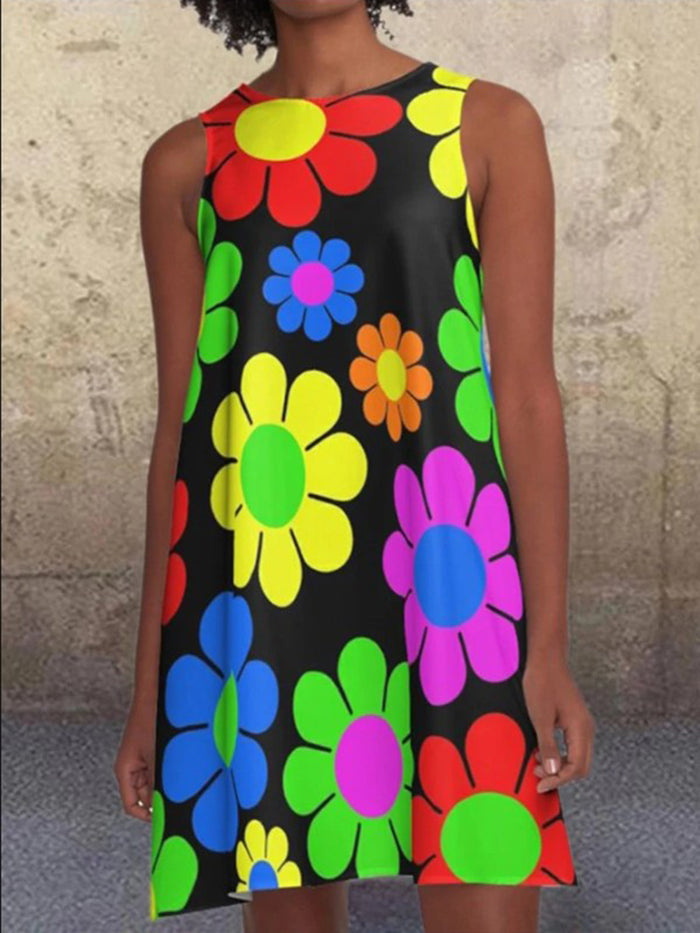 Round Neck Sleeveless Daisy Floral Printed Casual Dress