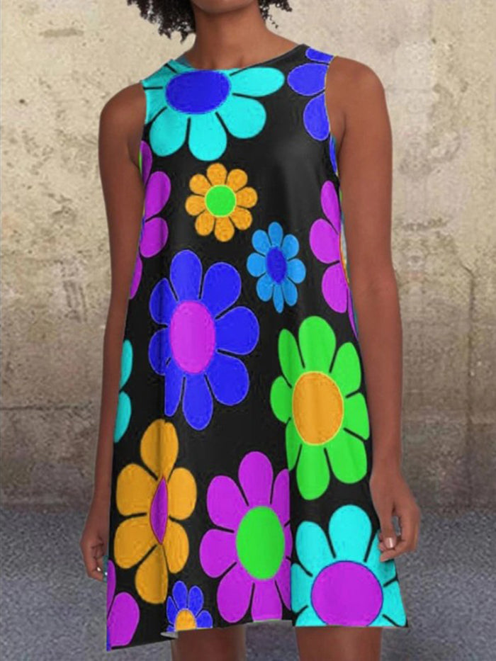 Round Neck Sleeveless Daisy Floral Printed Casual Dress