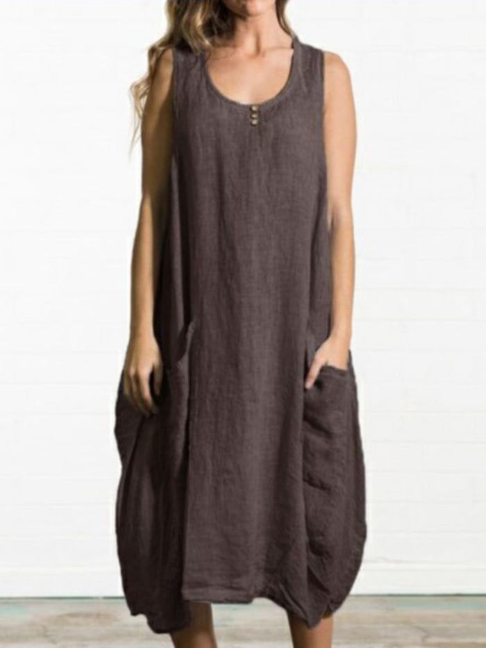 Round Neck Sleeveless Pocket Vest Dress