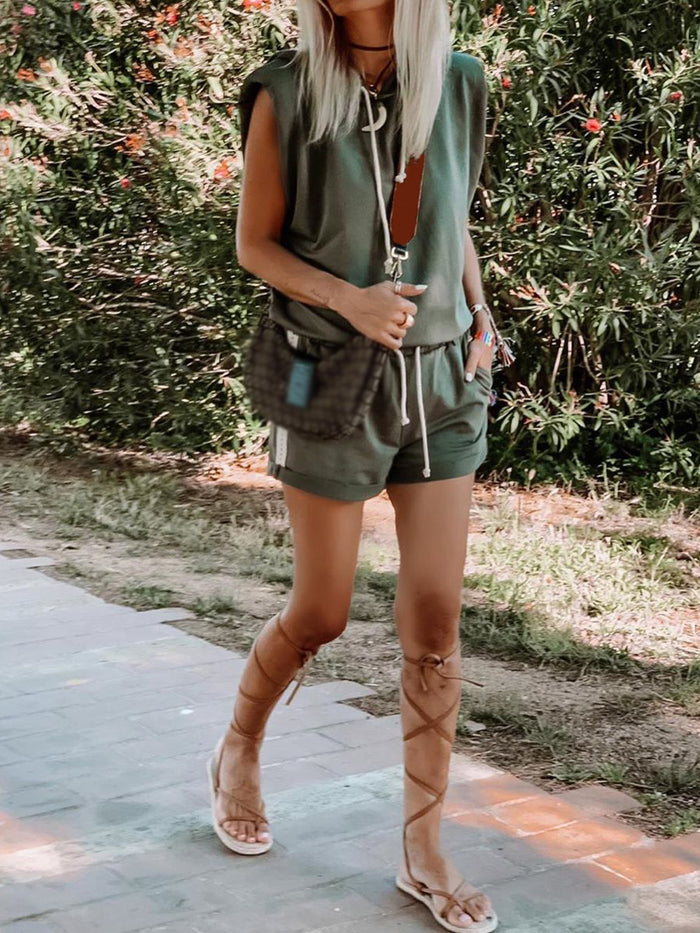 Round Neck Sleeveless Solid Color Women's Suit