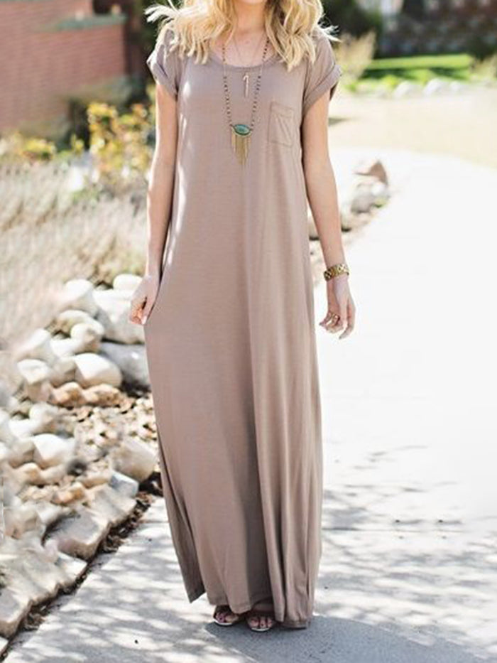 Round Neck Solid Color Chest Pocket Casual Dress