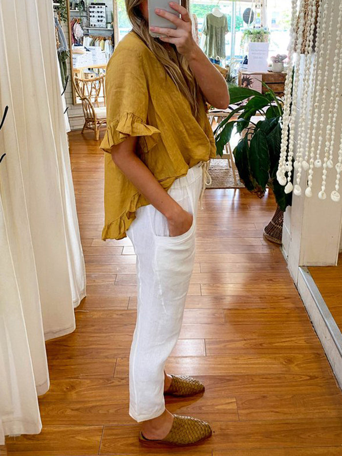 Round Neck Trumpet Sleeve Solid Color Suit