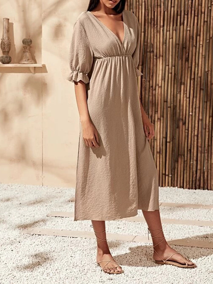 Sexy Deep V-neck Mid-long Sleeve High-fork Midi Dress
