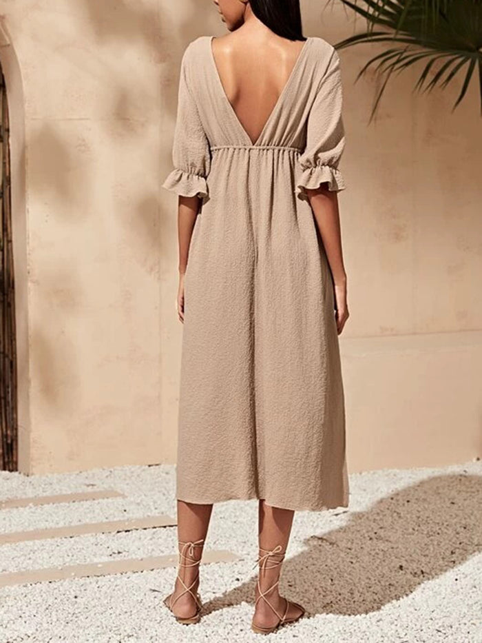 Sexy Deep V-neck Mid-long Sleeve High-fork Midi Dress
