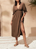 Sexy Deep V-neck Mid-long Sleeve High-fork Midi Dress