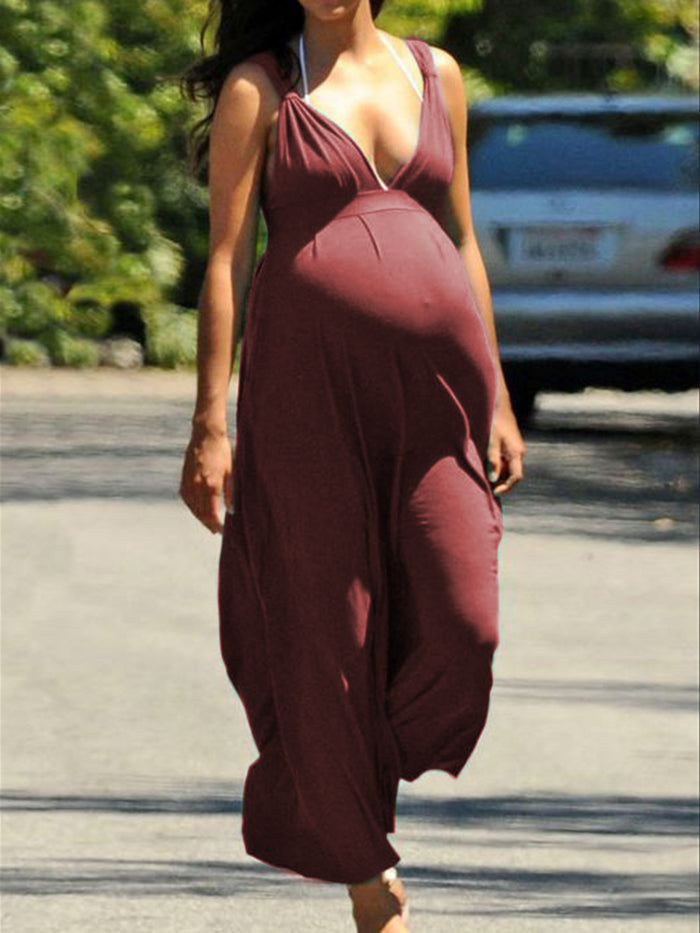 Sexy Solid Color Sleeveless V-neck Pregnant Women's Jumpsuit