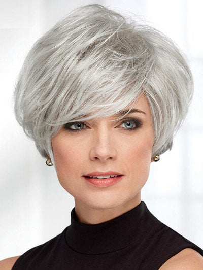 Short Grey Straight Synthetic Wigs with Side Bangs
