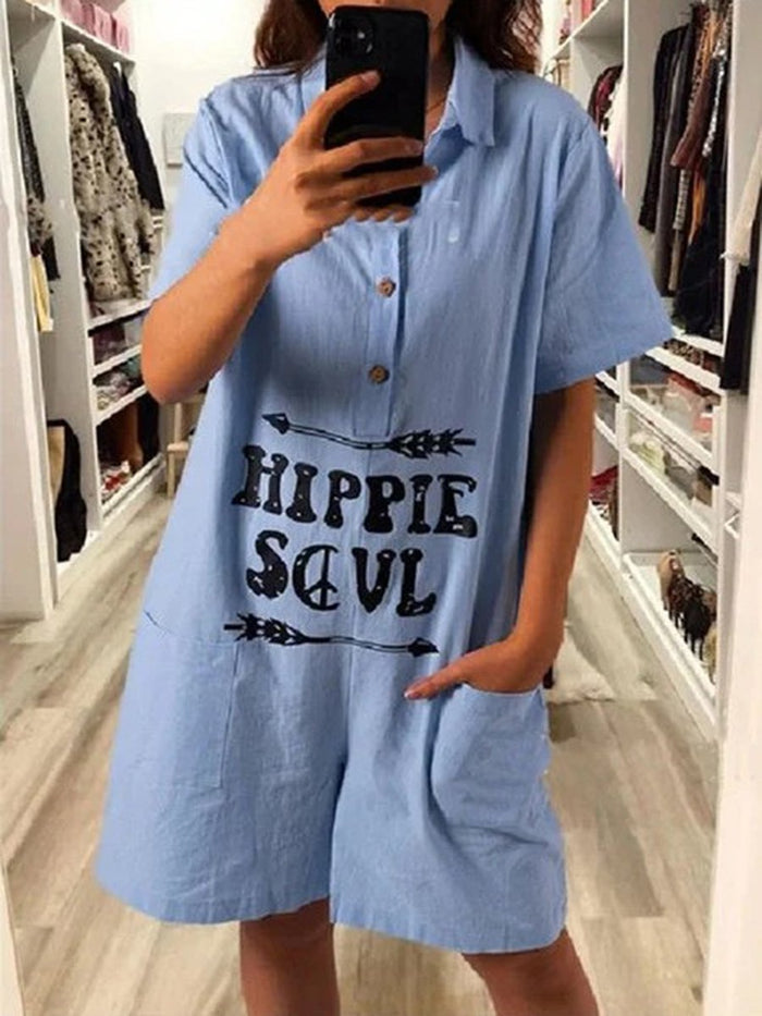 Short Sleeve Casual V-neck Printed Jumpsuit