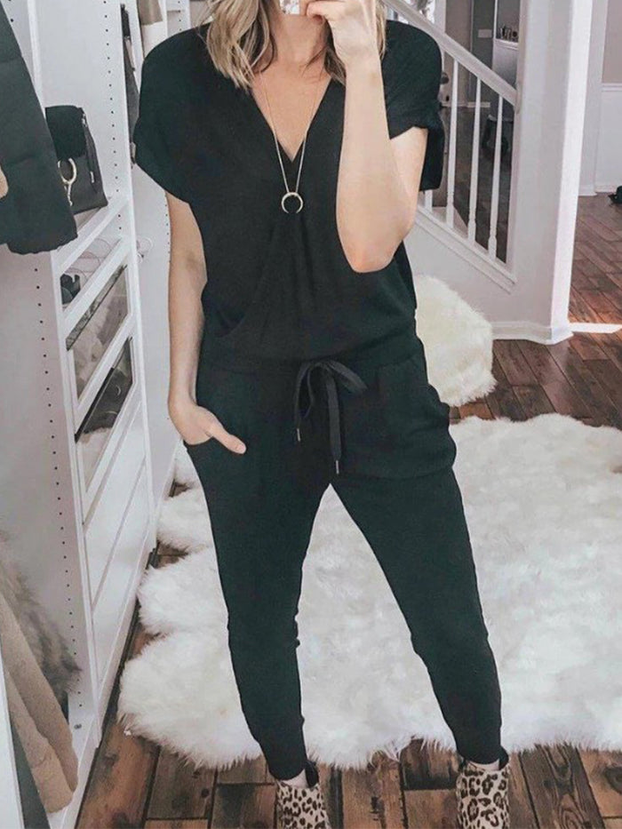 Short Sleeve Solid Color Pockets Lounge Set