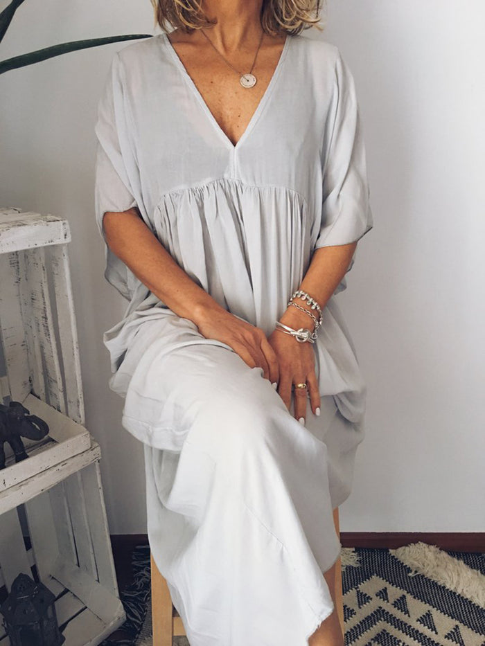 Short Sleeve V-Neck Solid Color Dress
