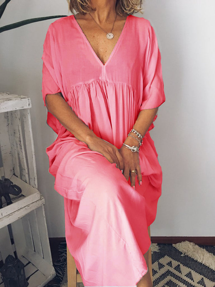 Short Sleeve V-Neck Solid Color Dress