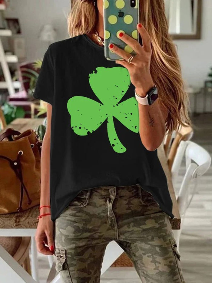 Short-sleeved Clover Printed Casual Round Neck Top