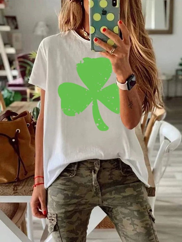 Short-sleeved Clover Printed Casual Round Neck Top