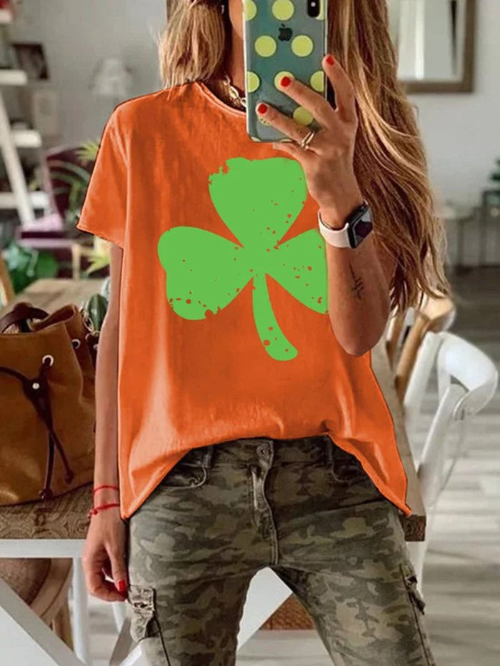Short-sleeved Clover Printed Casual Round Neck Top