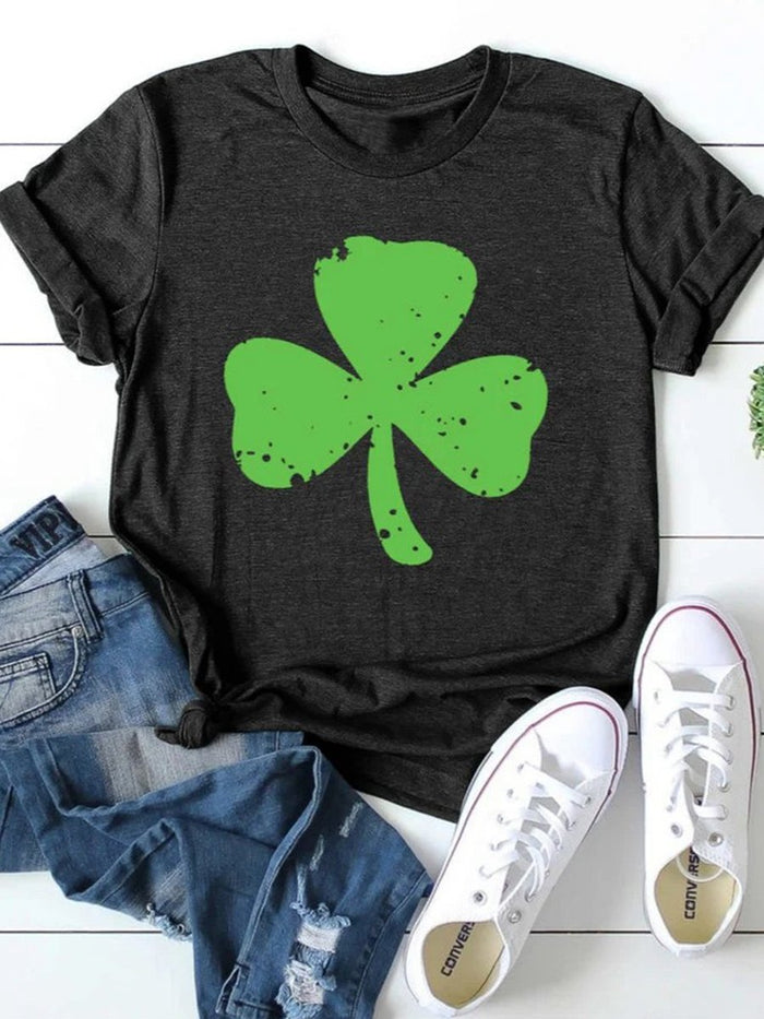 Short-sleeved Clover Printed Casual Round Neck Top