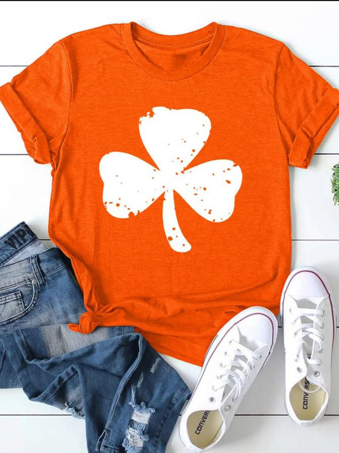 Short-sleeved Clover Printed Casual Round Neck Top