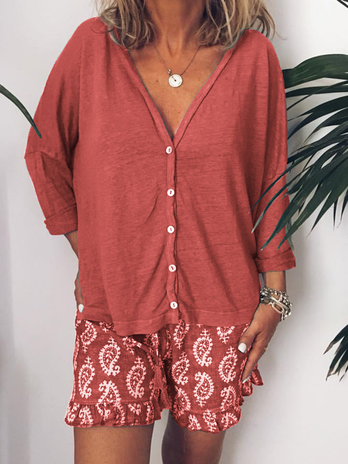 Simple Casual Loose Long Sleeve Top Floral Shorts Set