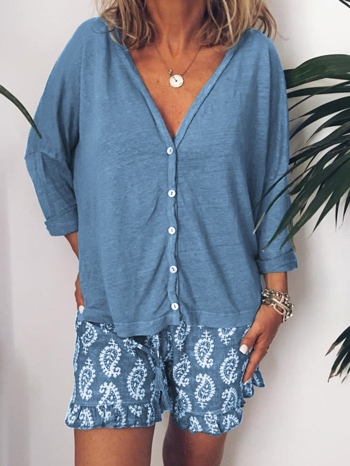 Simple Casual Loose Long Sleeve Top Floral Shorts Set