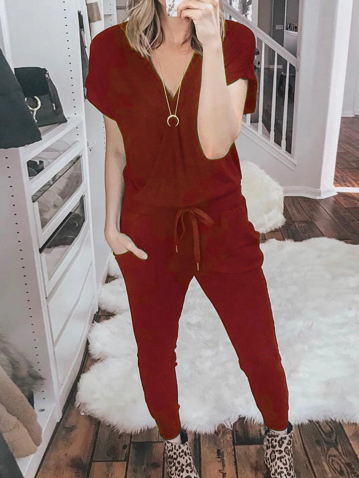 Simple Casual Loose Short Sleeve Top Pants Knitted Suit