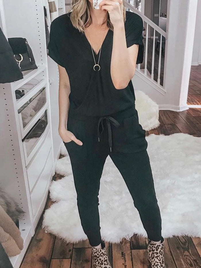 Simple Casual Loose Short Sleeve Top Pants Knitted Suit