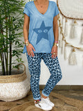 Simple Casual Loose Top Leopard Pants Set