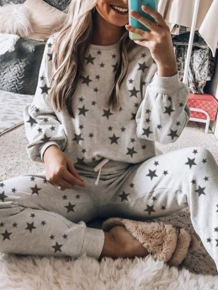 Simple Casual Loose Top Pants Star Print Set