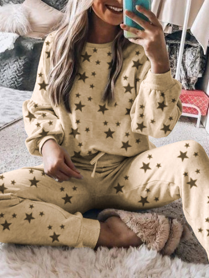 Simple Casual Loose Top Pants Star Print Set