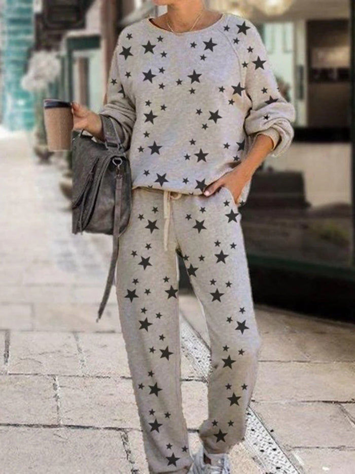 Simple Casual Loose Top Pants Star Print Set