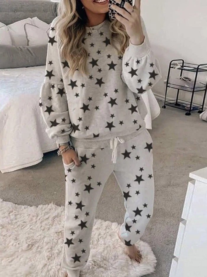Simple Casual Loose Top Pants Star Print Set