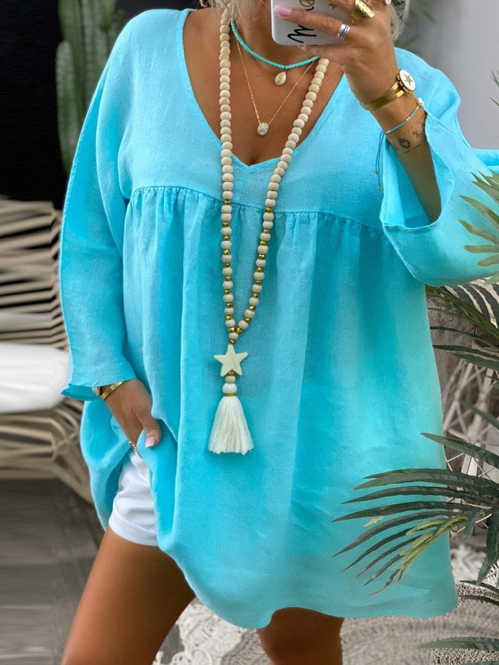 Simple Casual Loose V-Neck Mini Dress